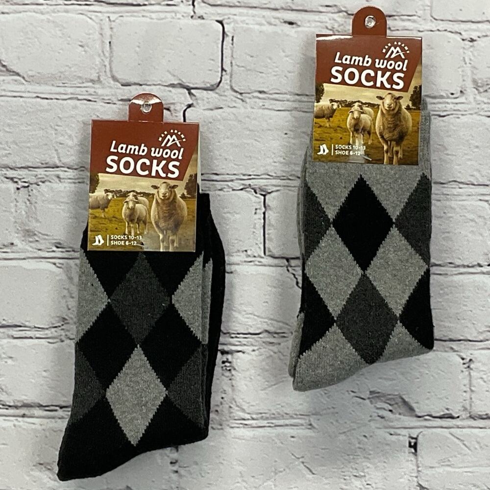 Max Adams Lamb Wool Socks Men's Size 10-13 Black Gray Argyle 2 Pair Casual Comfy